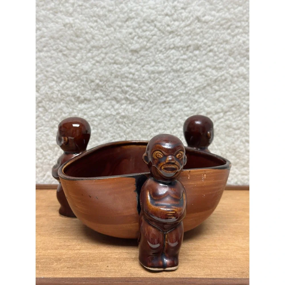 Orchids of Hawaii Tiki Bowl Brown Ceramic Three Figure R-14 Japan Vintage MCM